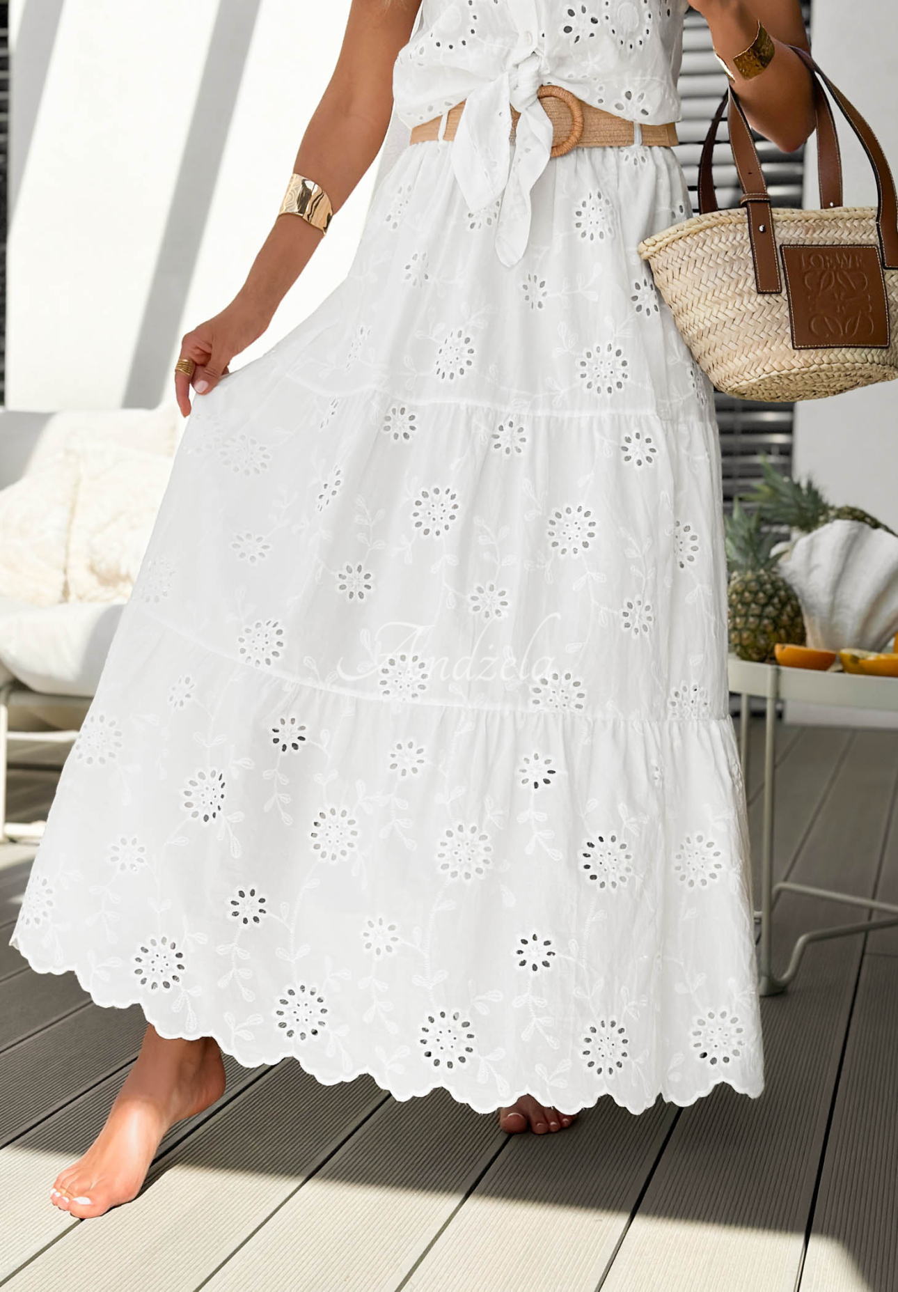 White Ocean Paradise openwork cotton maxi skirt with ruffles and a boho belt
