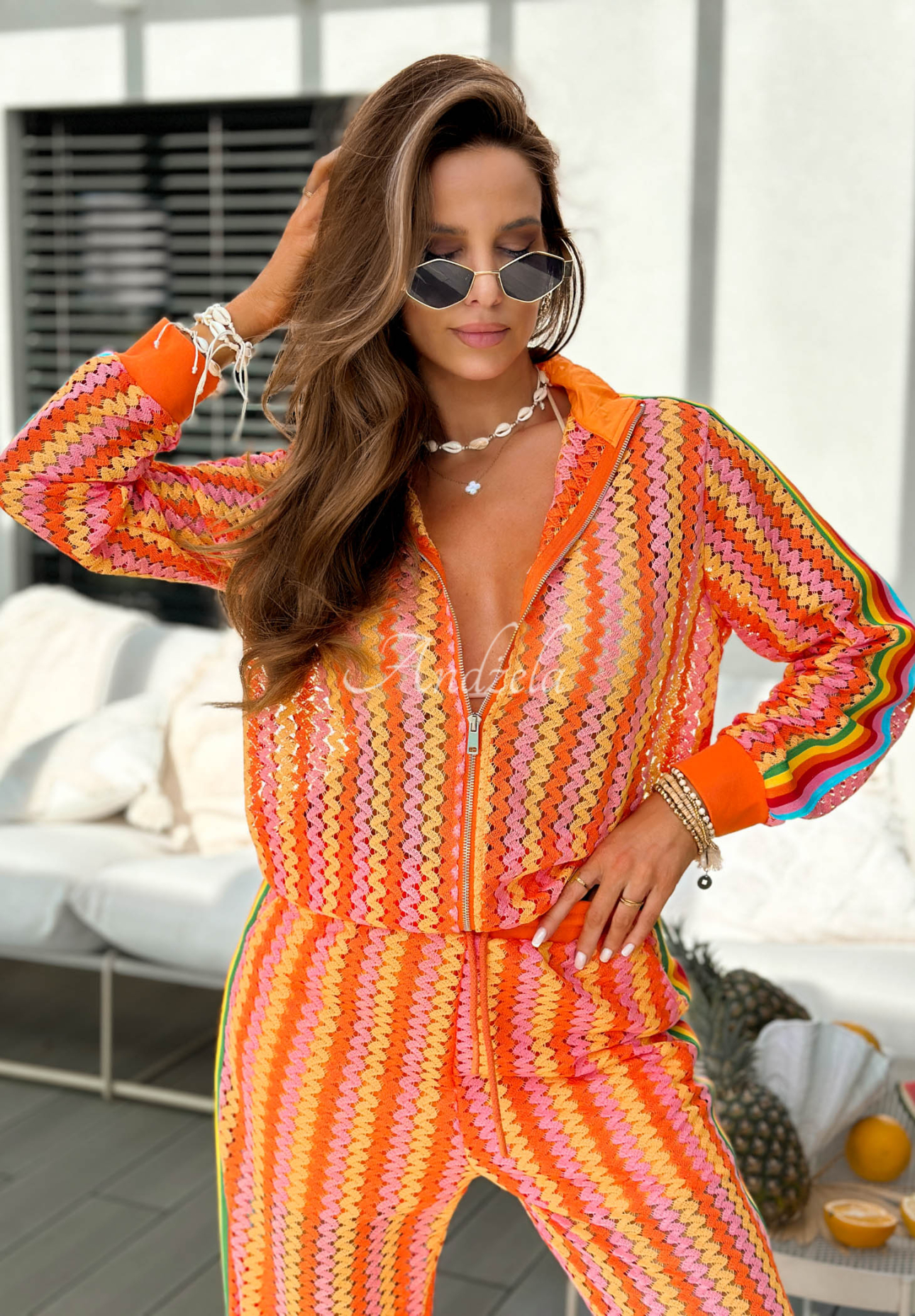 Leila Orange Openwork Set: Sweatshirt and Wide-Leg Pants with Colorful Patterns