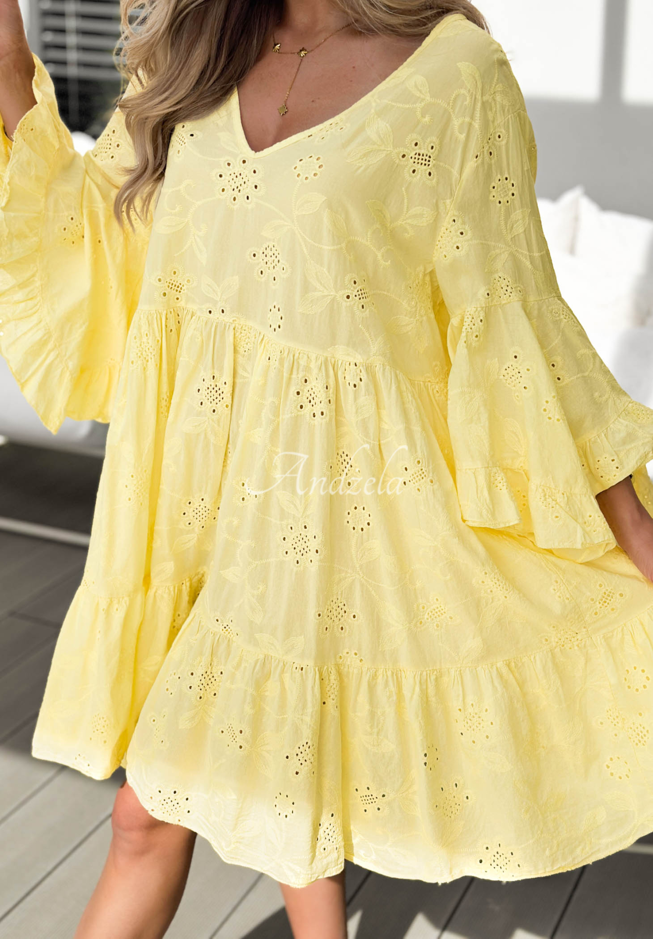 Summer Sweetie Yellow Openwork Cotton Dress with Ruffles