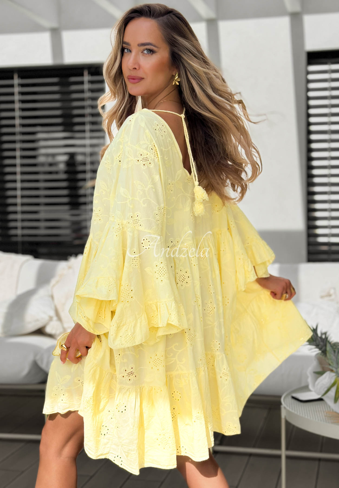 Ażurowa bawełniana sukienka z falbankami Summer Sweetie żółta