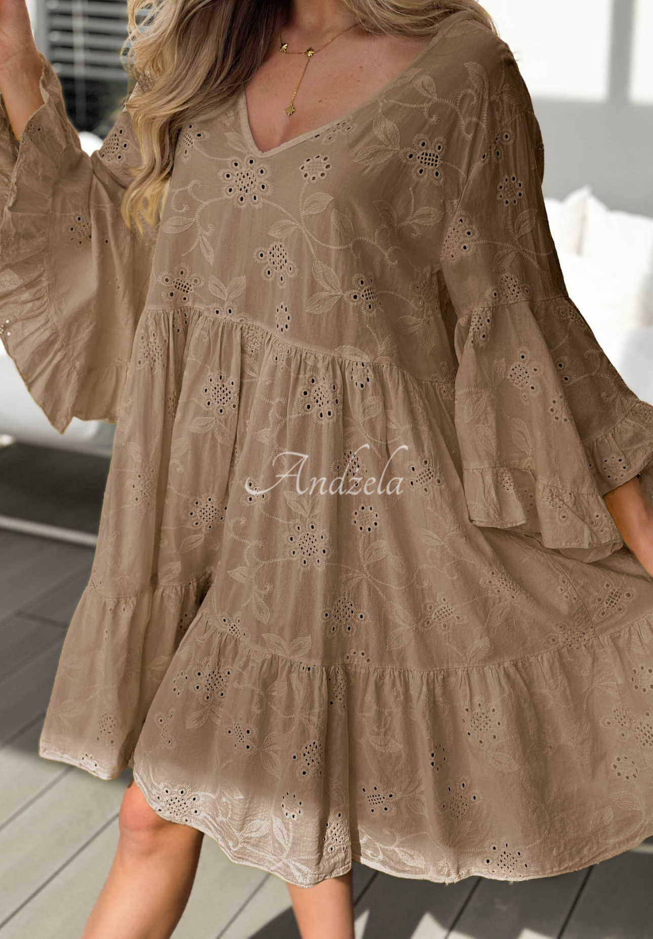 Summer Sweetie Camel Openwork Cotton Dress with Ruffles