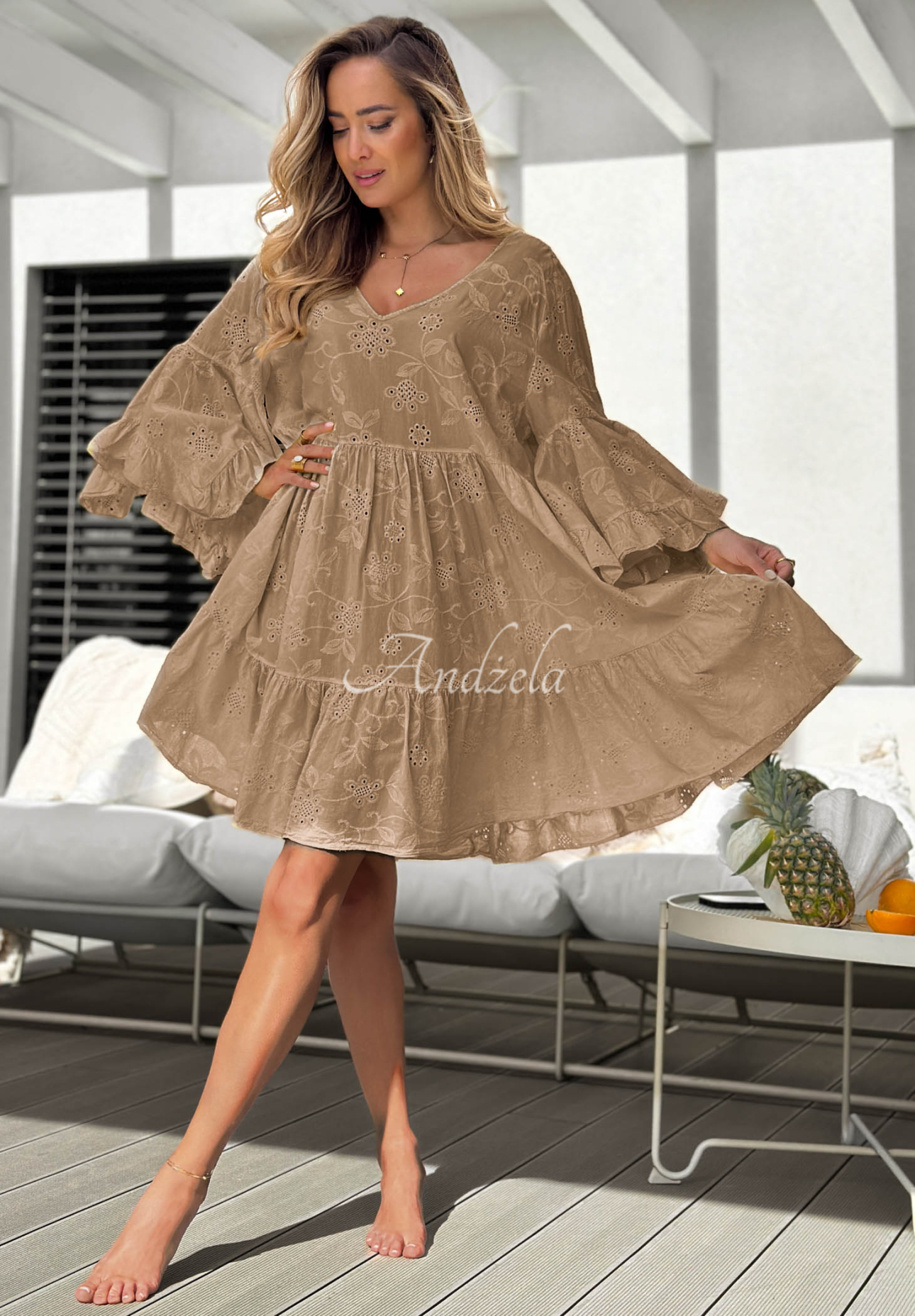 Ażurowa sukienka z falbankami Summer Sweetie camelowa