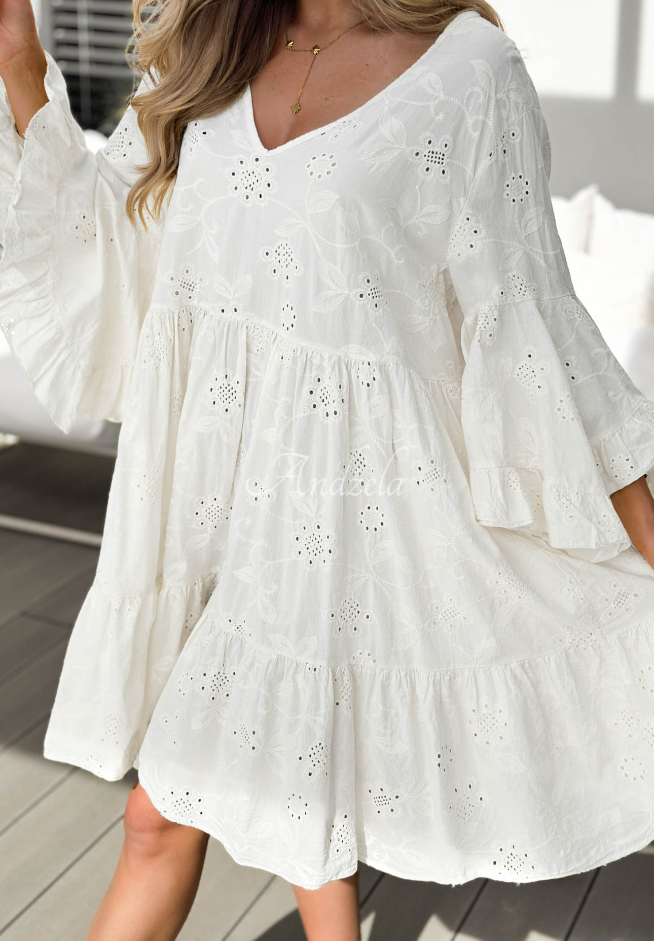 Summer Sweetie White Openwork Cotton Dress with Ruffles