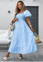Ocean Breeze Light Blue Cotton Midi Dress with Ruffles and Puff Sleeves