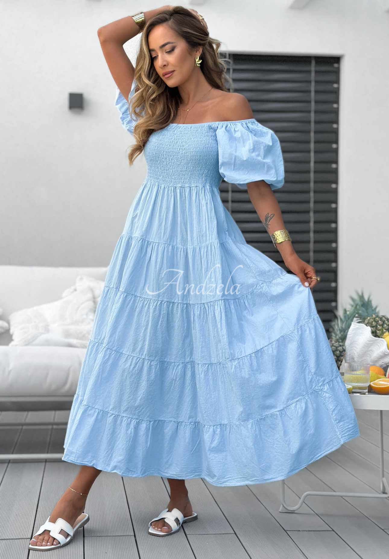 Ocean Breeze Light Blue Cotton Midi Dress with Ruffles and Puff Sleeves