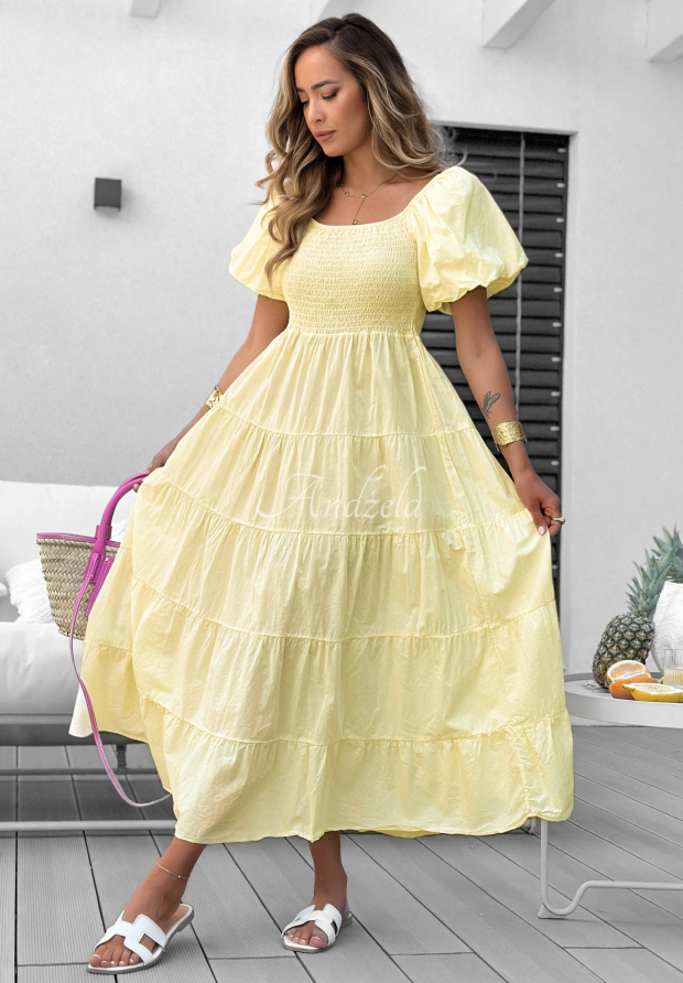 Ocean Breeze Yellow Cotton Midi Dress with Ruffles and Puff Sleeves