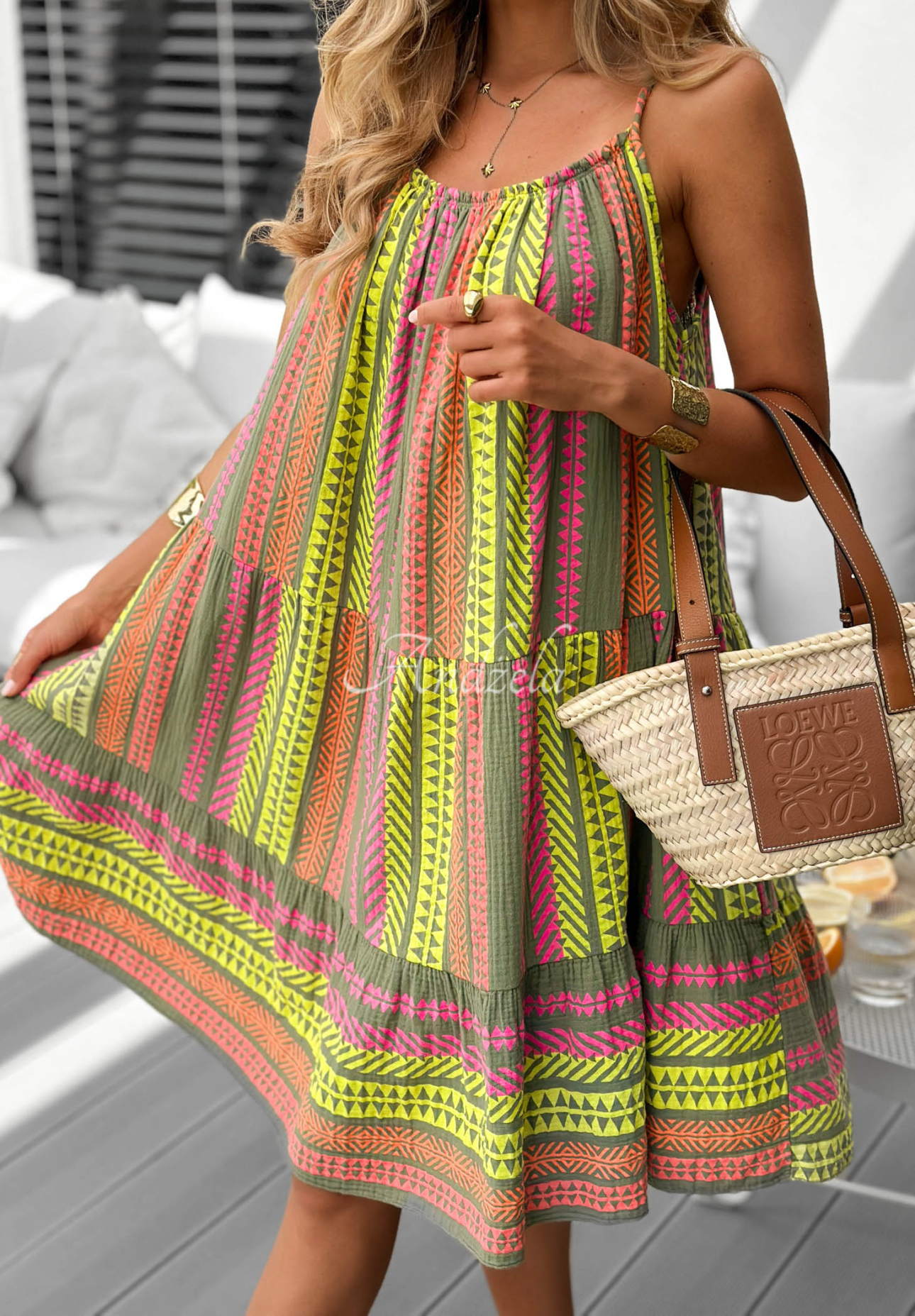 Sunny Coast khaki patterned cotton spaghetti-strap dress