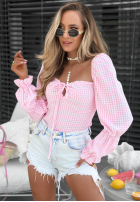 Pretty Senorita Short Pink Checkered Viscose Blouse with Puff Sleeves