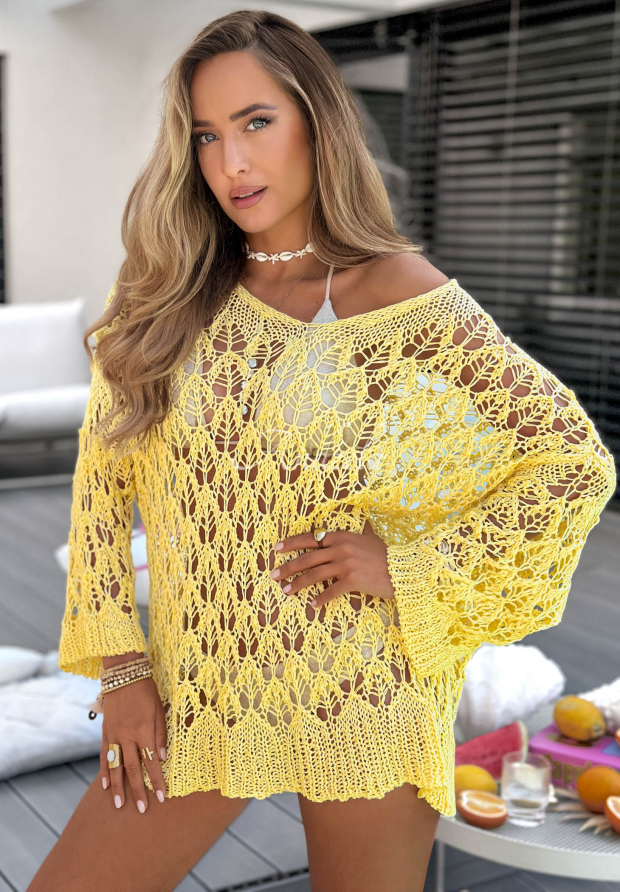 Ażurowy sweter oversize z dekoltem Dolce Marina ż&oacute;łty