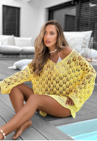 Ażurowy sweter oversize z dekoltem Dolce Marina żółty