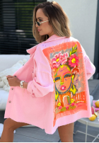 Jeansowa kurtka z nadrukiem Neon Lady pudrowy róż