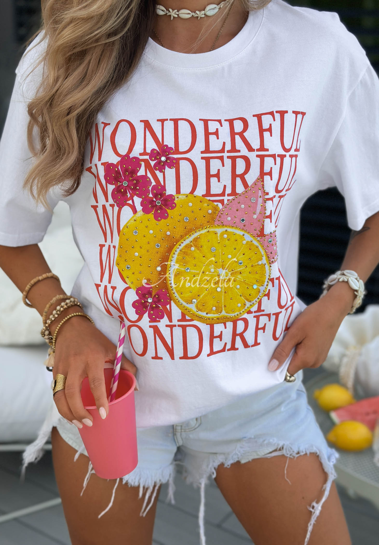 Bawełniany t-shirt z nadrukiem Wonderful Lemon biały