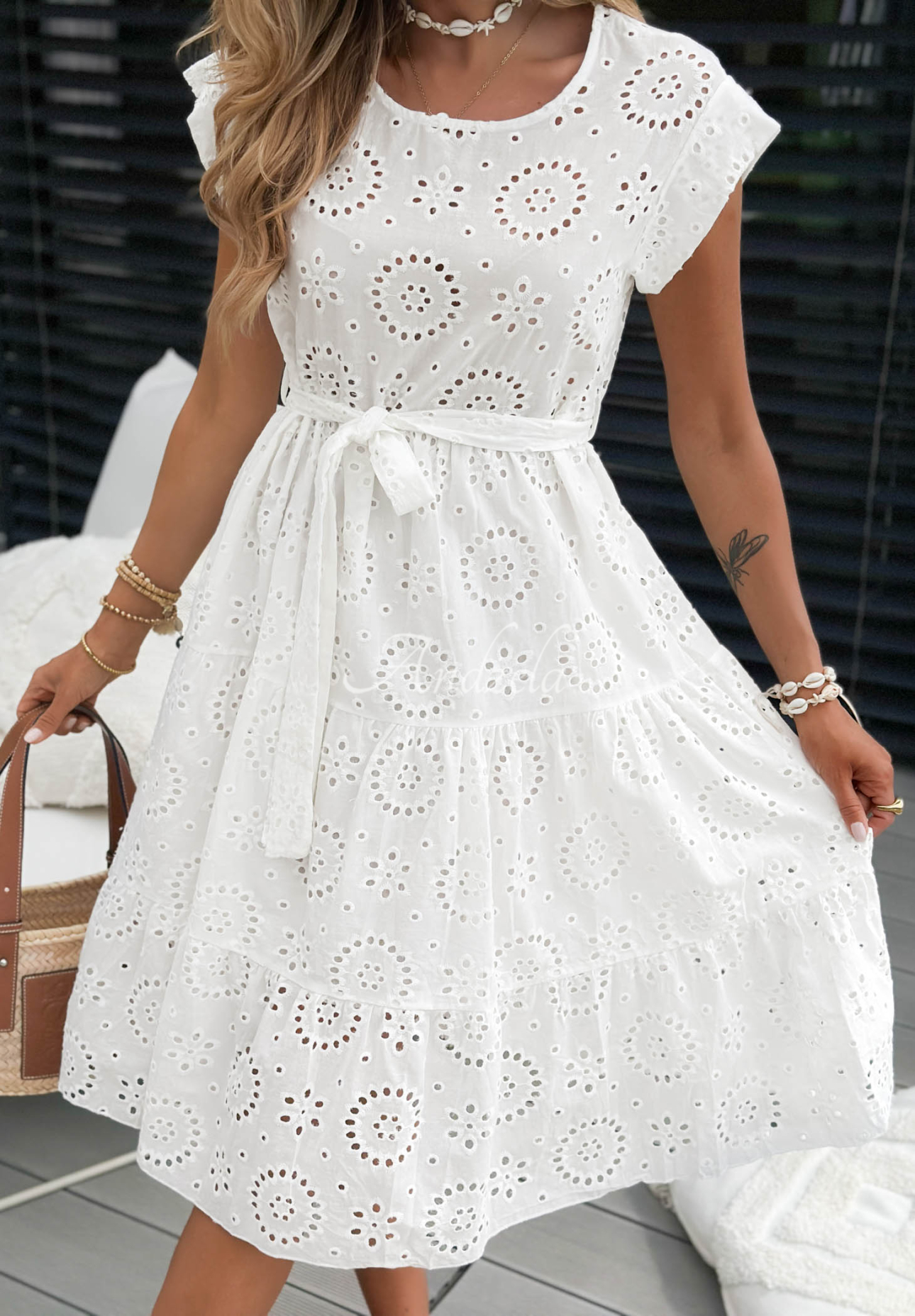 Palm Sky ecru openwork cotton dress with boho ruffles