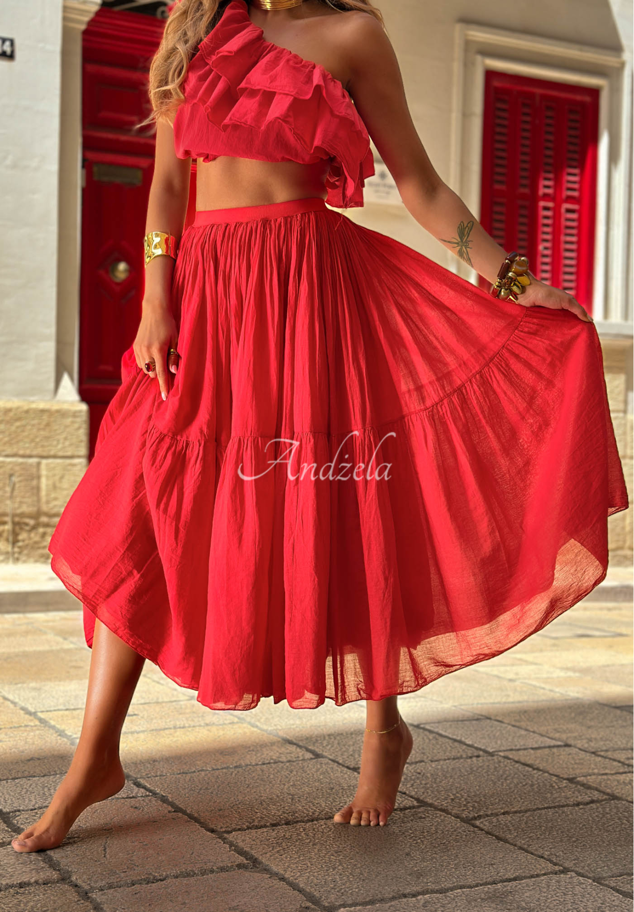 Malta Romance Flame Red Cotton Maxi Skirt with Elastic Waistband
