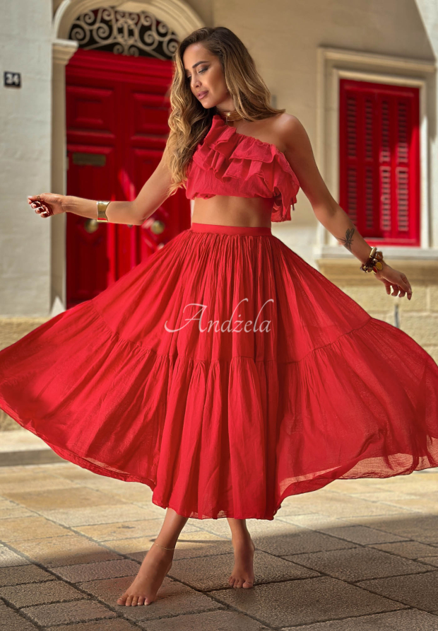 Malta Romance Flame Red Cotton Maxi Skirt with Elastic Waistband