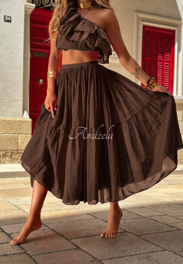 Chocolate-colored Malta Romance Flame cotton maxi skirt with an elastic waistband