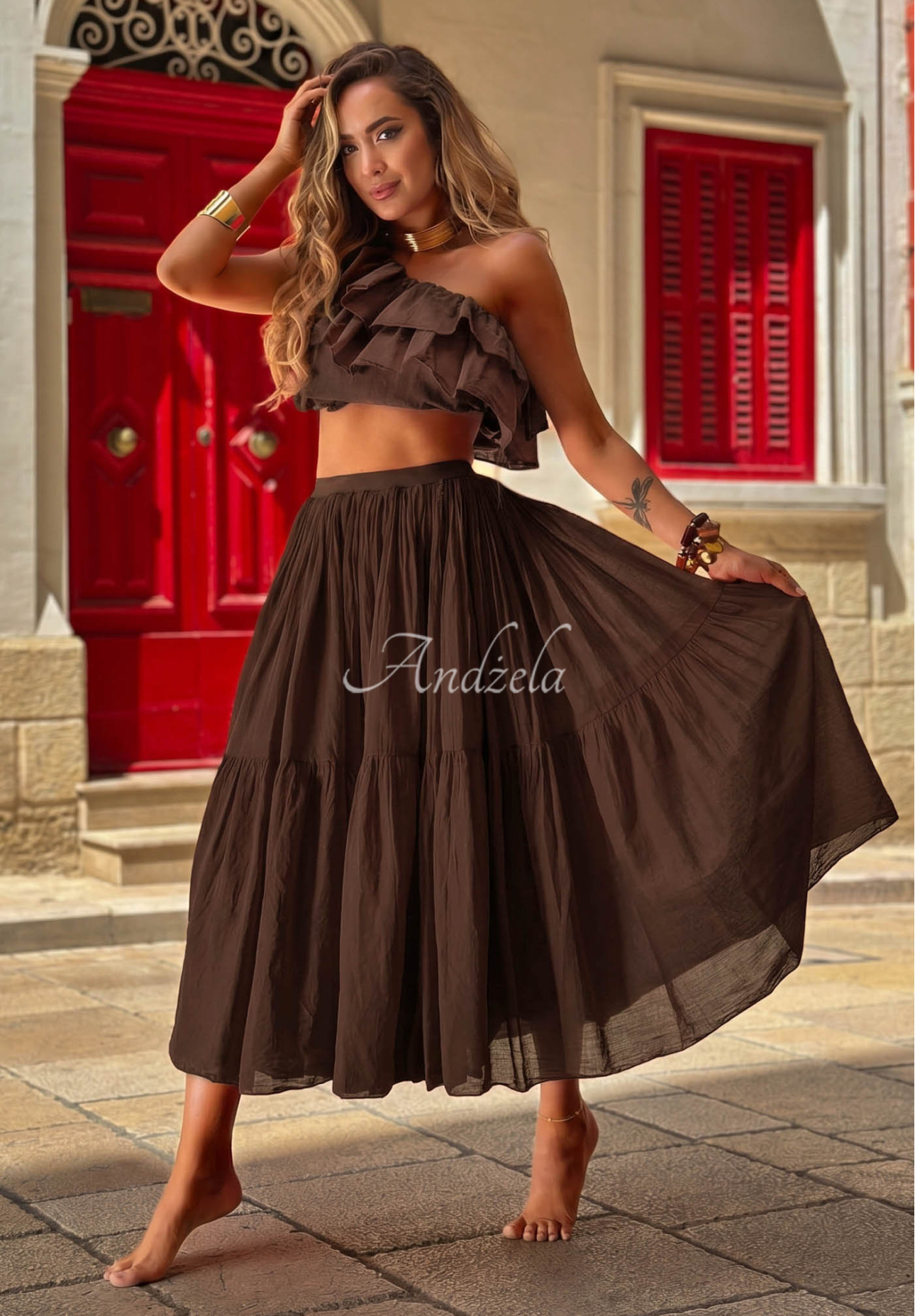 Malta Romance Flame Asymmetrical Cotton Blouse with Ruffles in Chocolate Brown