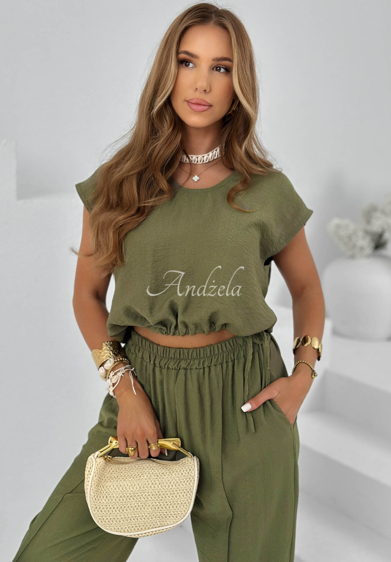 Wiskozowy komplet bluzka i spodnie Sunrise Sun khaki