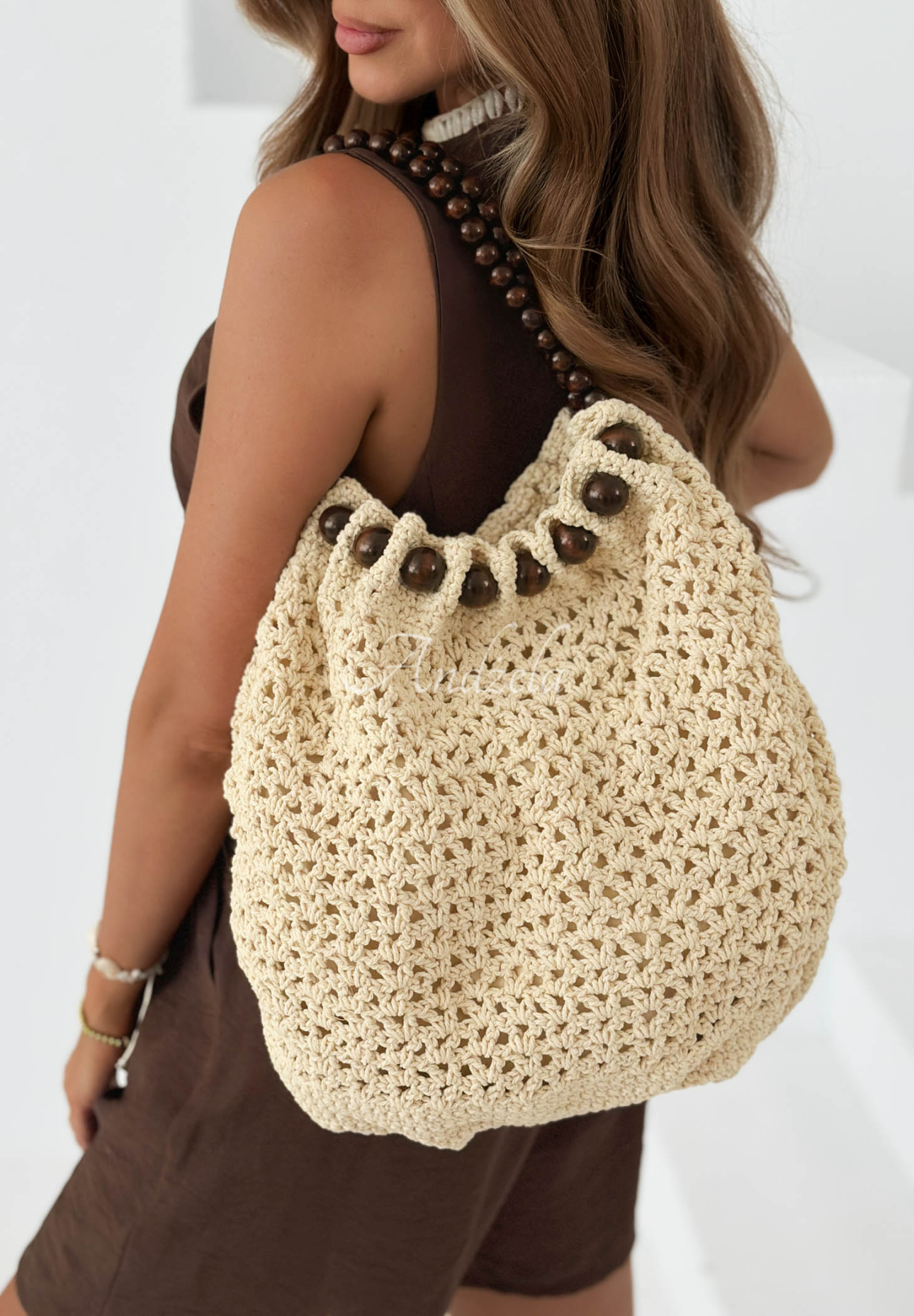 Beachy Belle Beige Woven Beaded Handbag