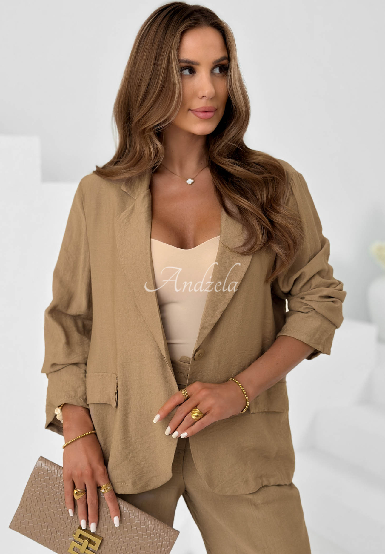 Ocean Estate mocha-colored viscose blazer and wide-leg pants set