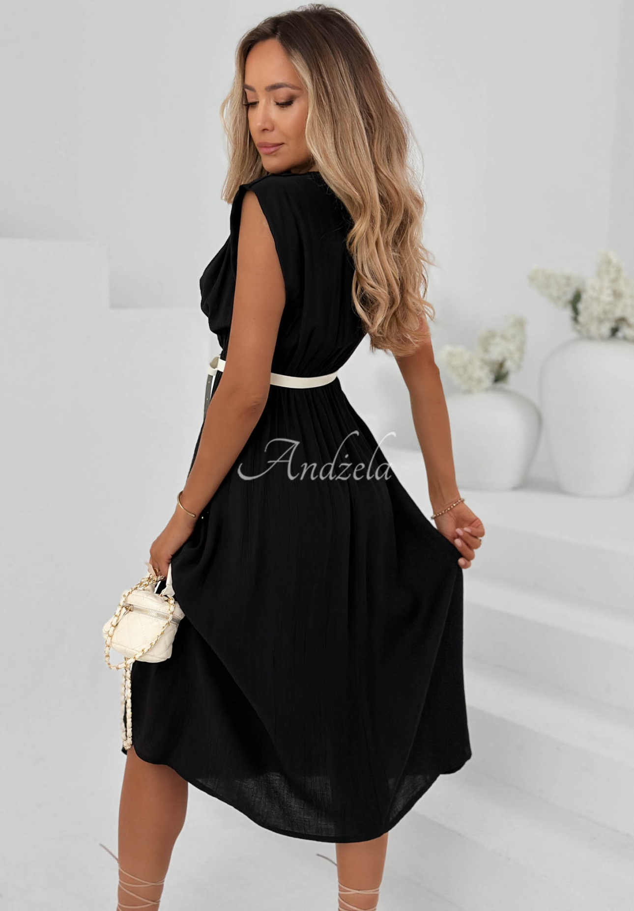 Solenne Breeze Black Viscose Wrap-Neck Dress