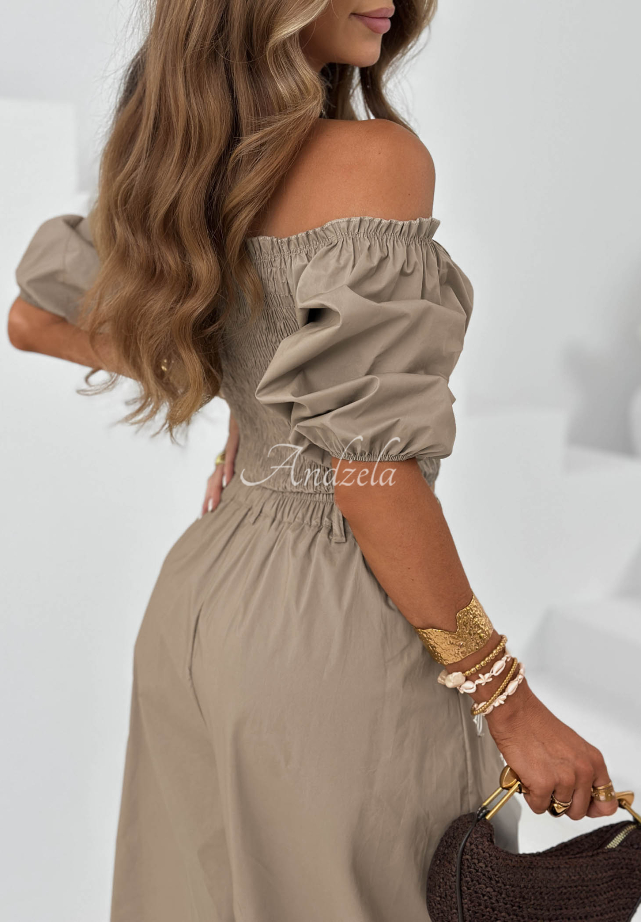 Solar Beauty mocha-colored cotton off-the-shoulder blouse with ruffles