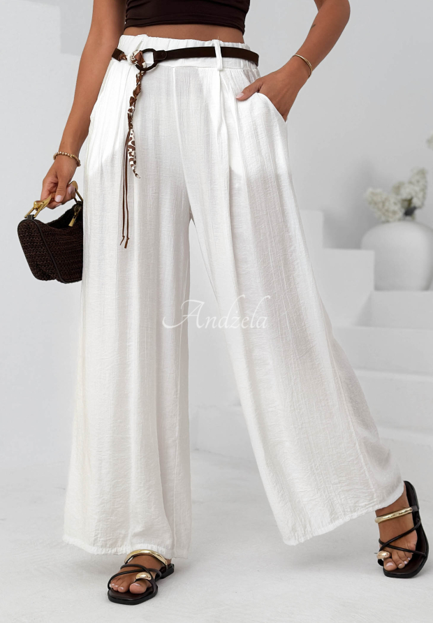 Materiałowe spodnie wide leg z wiskozy Summer Trace ecru