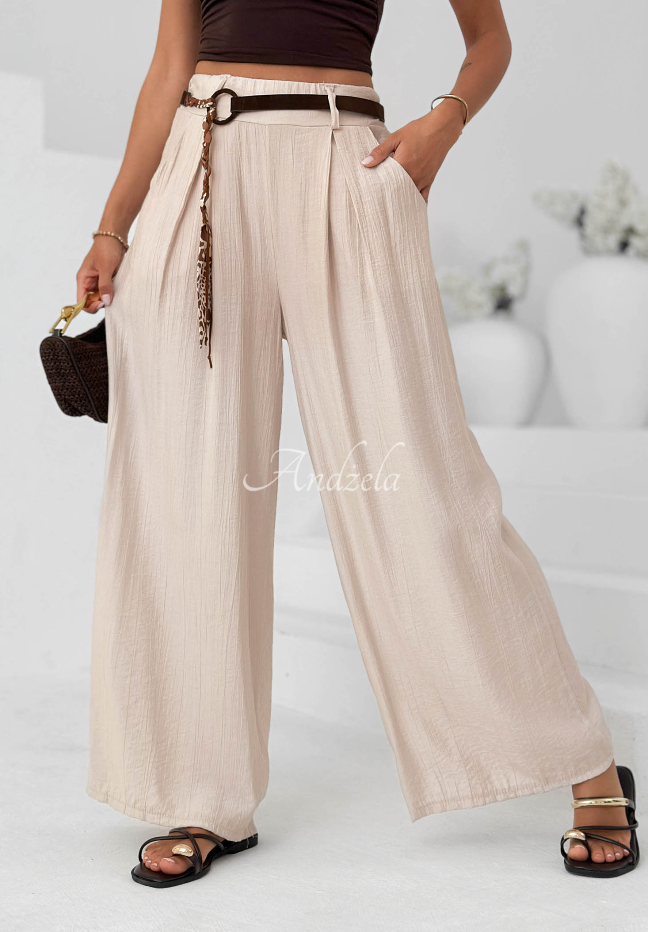 Materiałowe spodnie wide leg z wiskozy Summer Trace beżowe