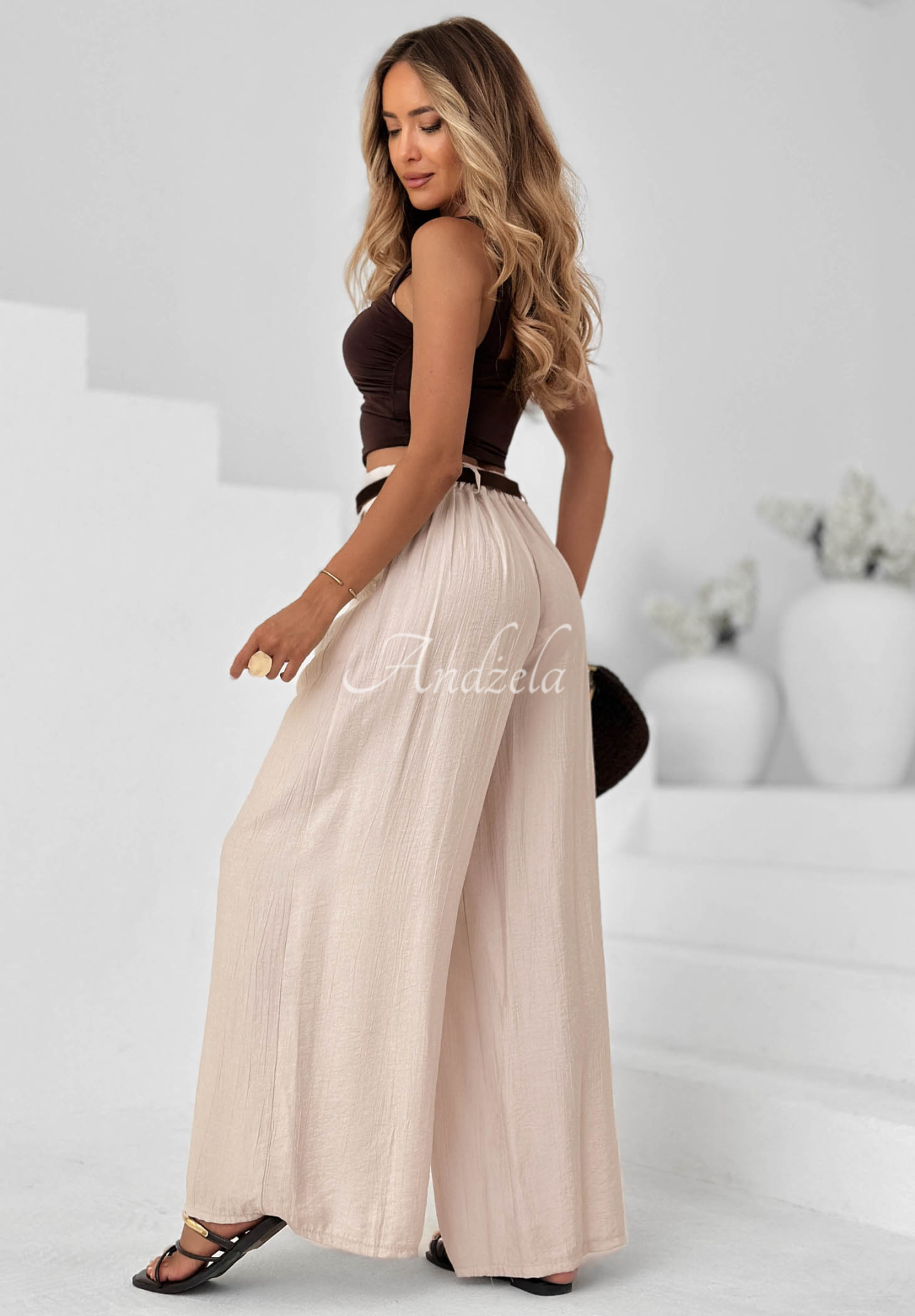 Materiałowe spodnie wide leg z wiskozy Summer Trace beżowe