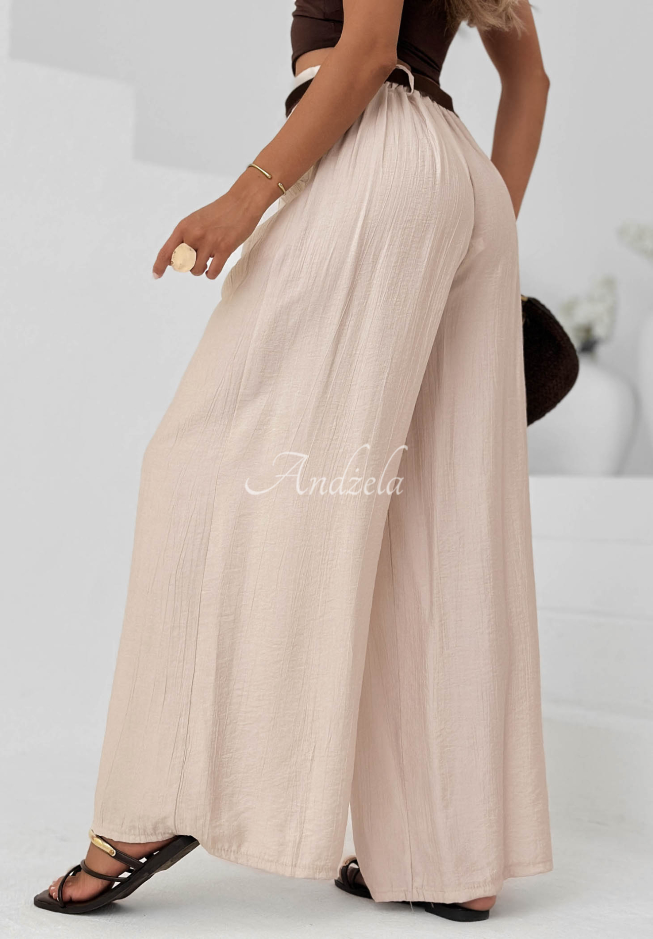 Materiałowe spodnie wide leg z wiskozy Summer Trace beżowe