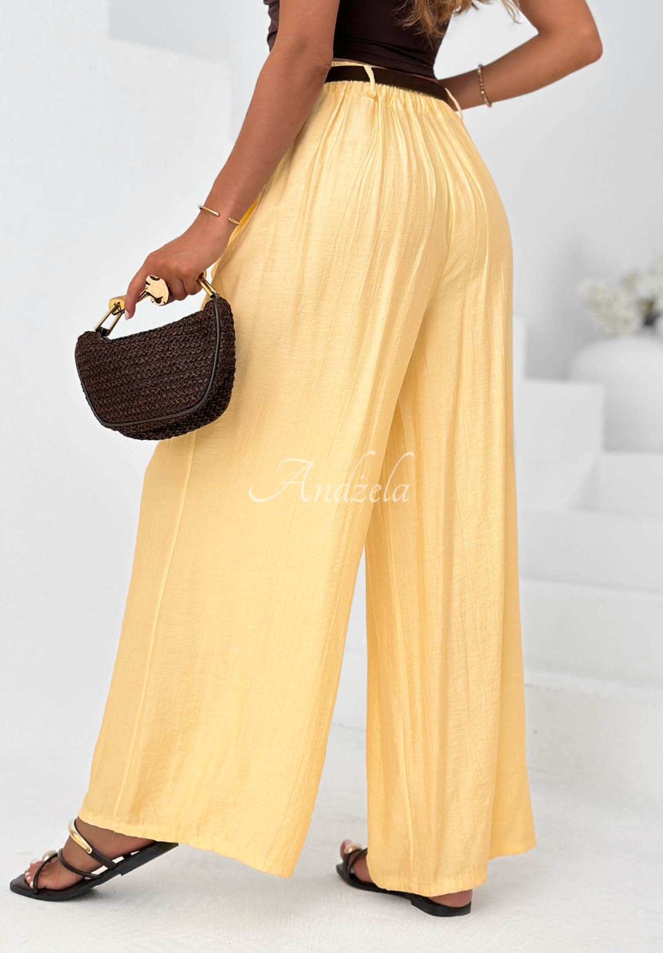 Materiałowe spodnie wide leg z wiskozy Summer Trace żółte
