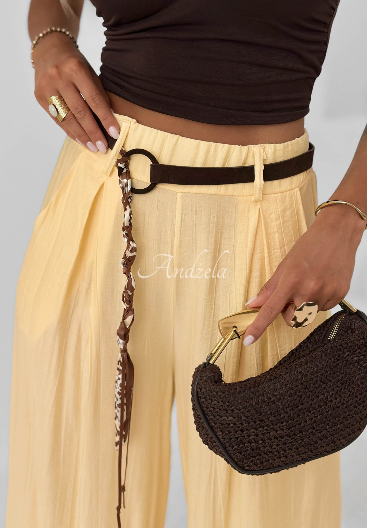 Materiałowe spodnie wide leg z wiskozy Summer Trace żółte