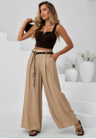 Materiałowe spodnie wide leg z wiskozy Summer Trace mokka