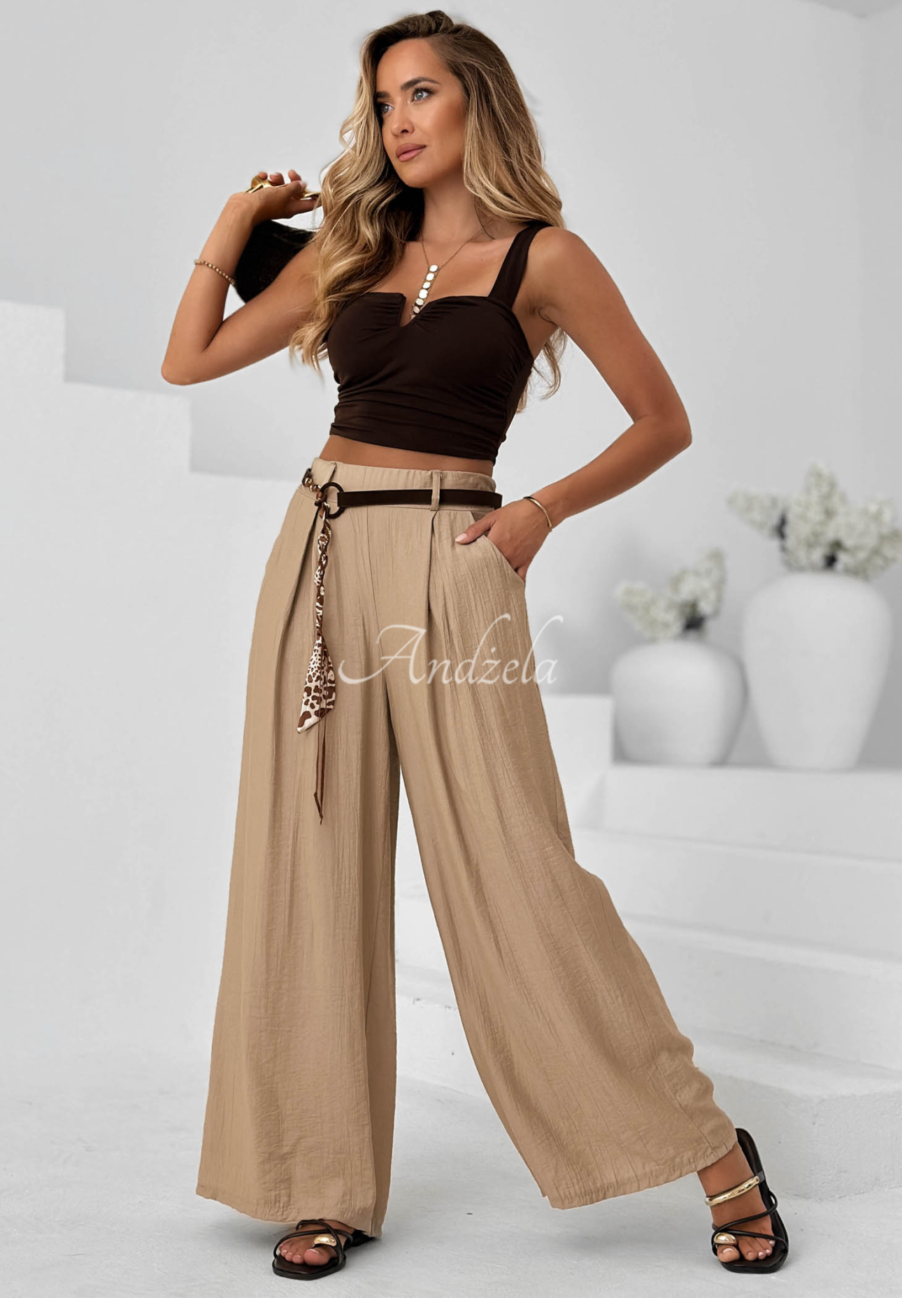 Summer Trace wide-leg viscose pants in mocha