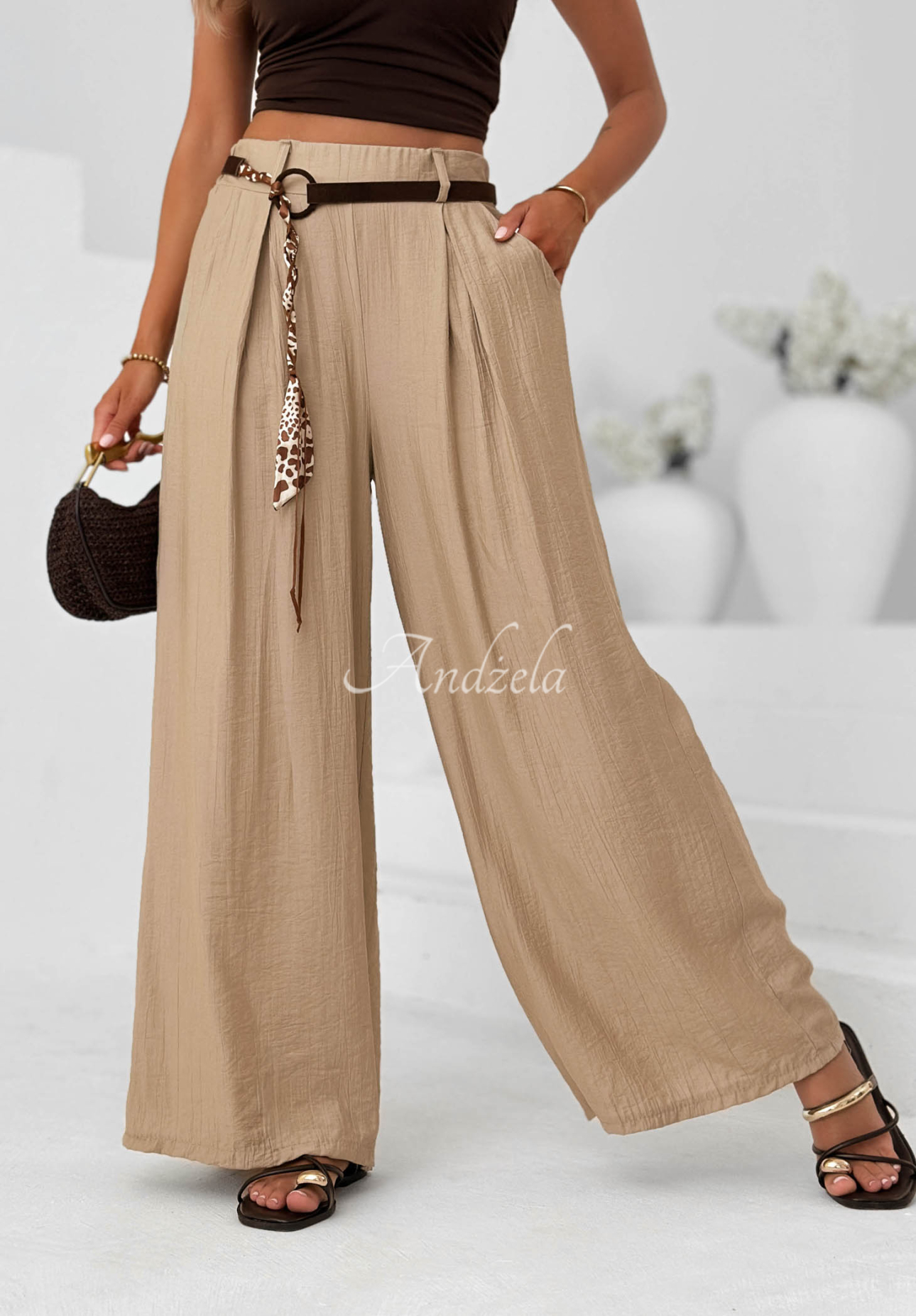 Materiałowe spodnie wide leg z wiskozy Summer Trace mokka