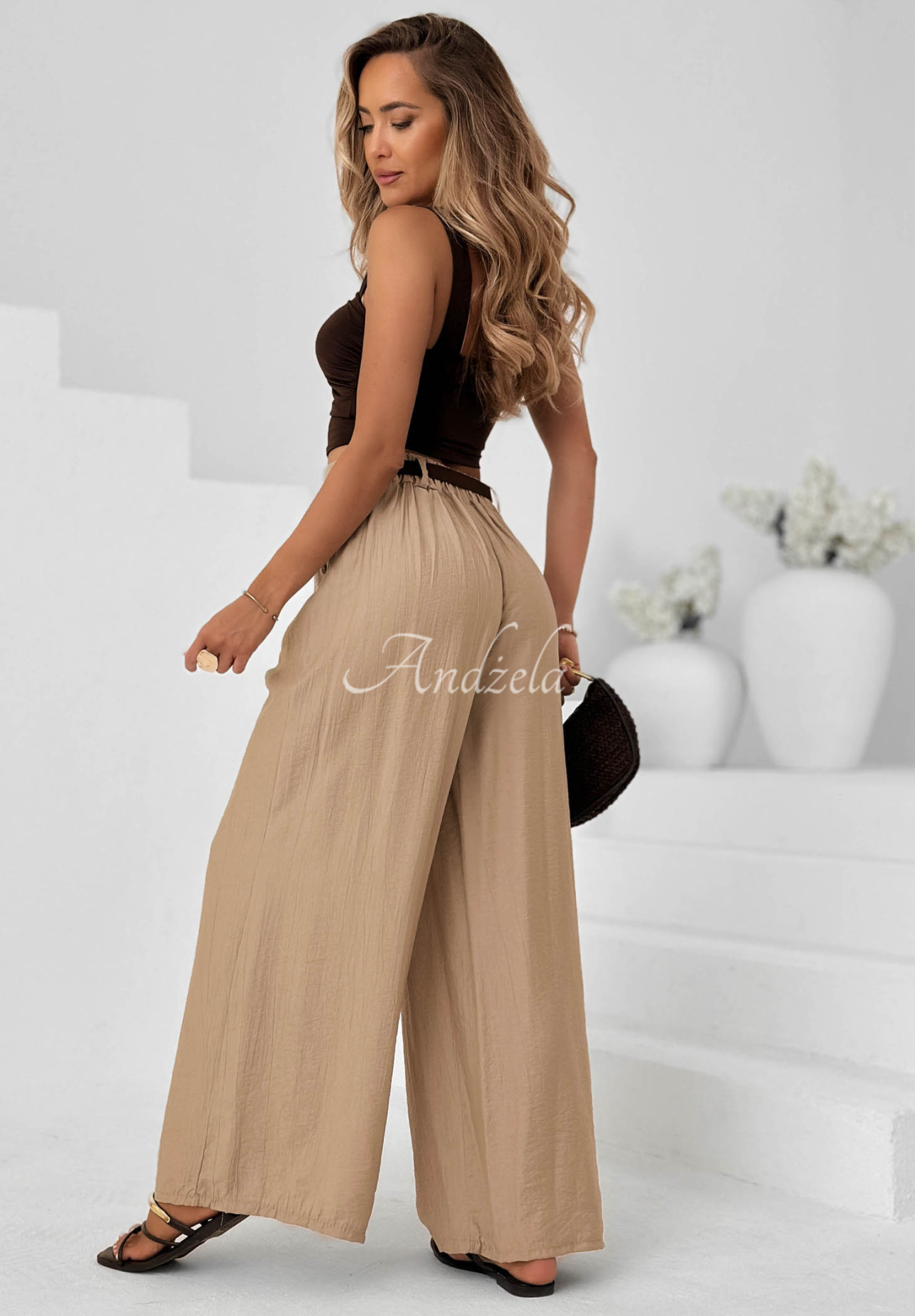 Materiałowe spodnie wide leg z wiskozy Summer Trace mokka