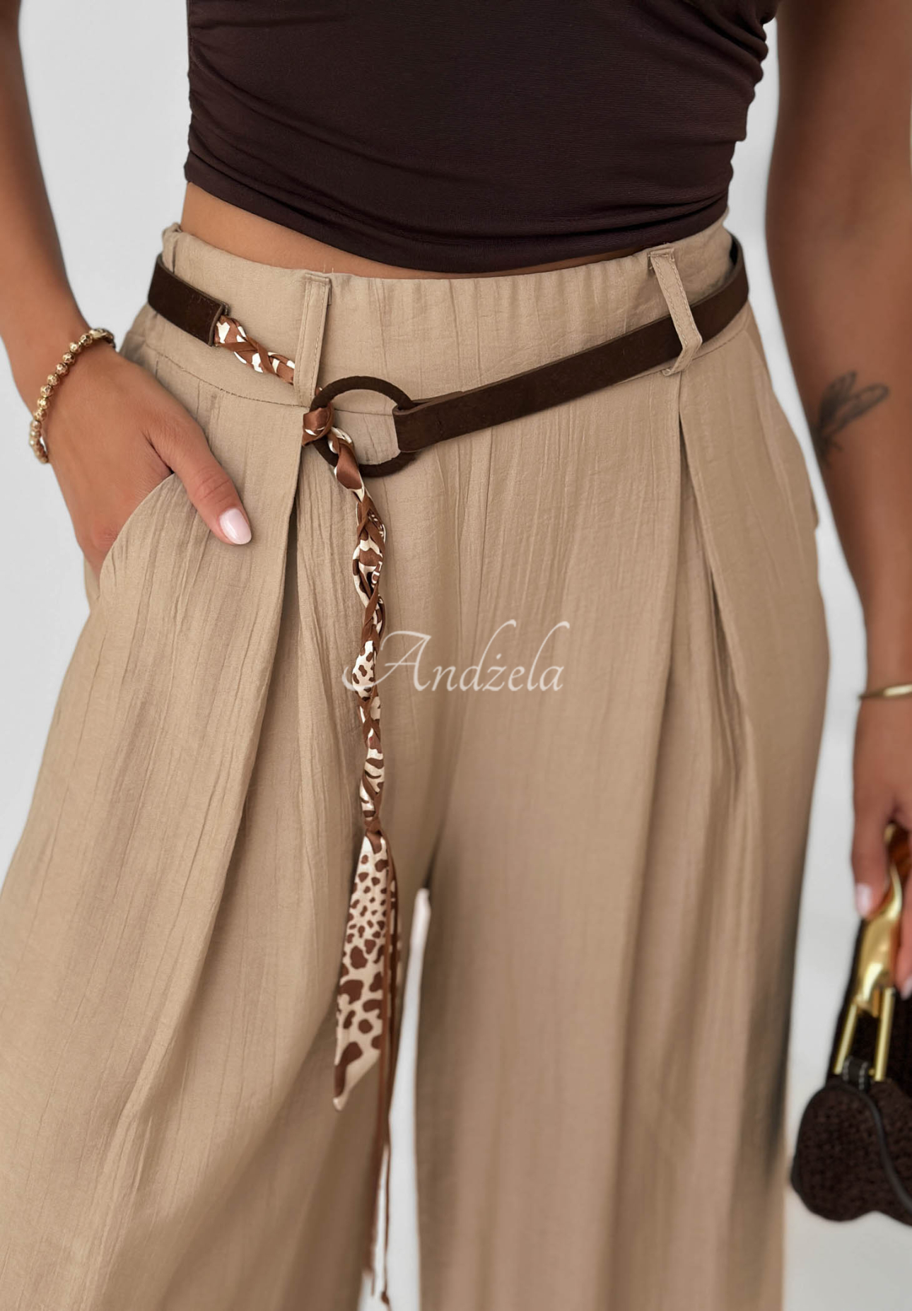 Materiałowe spodnie wide leg z wiskozy Summer Trace mokka