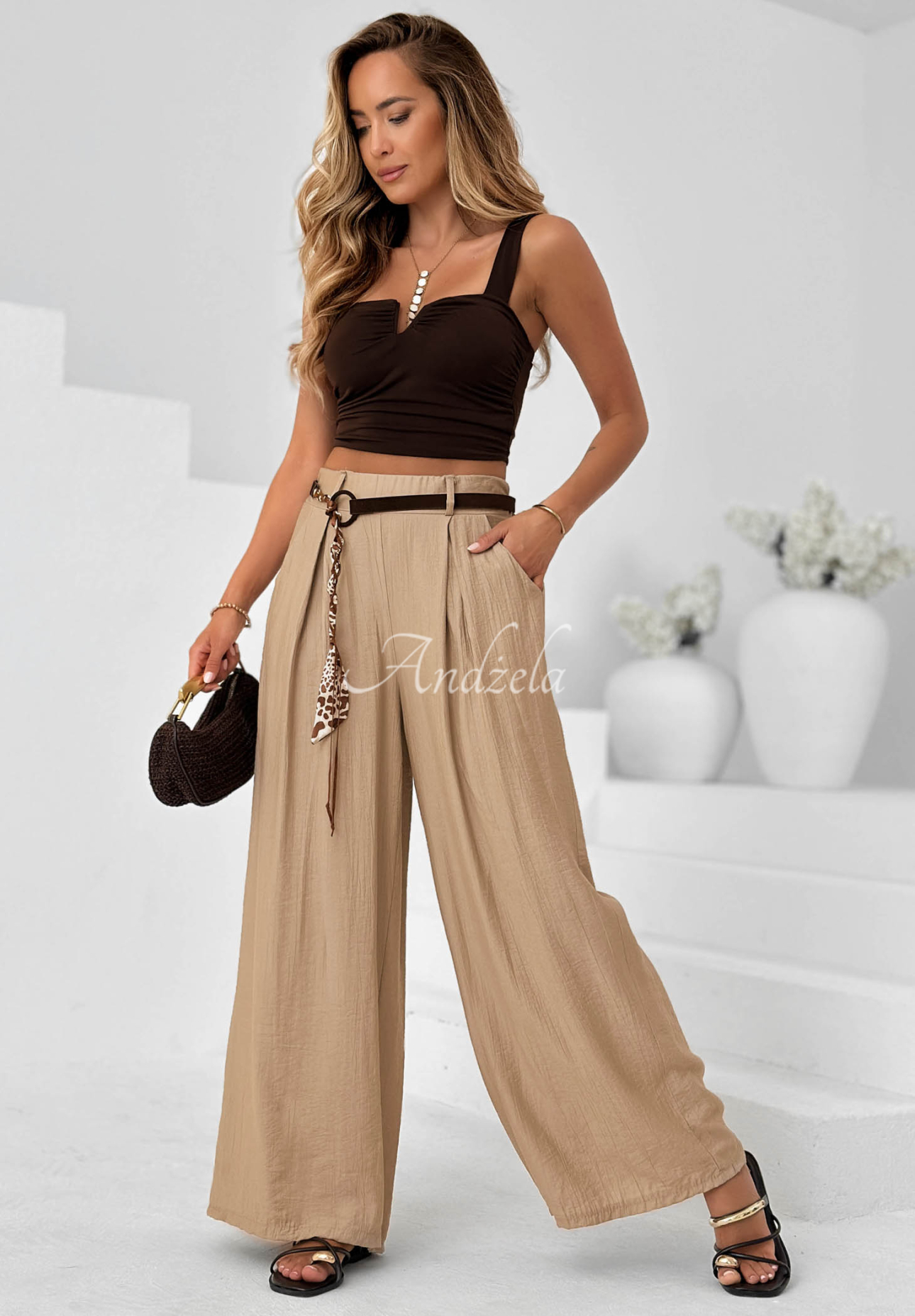 Summer Trace wide-leg viscose pants in mocha