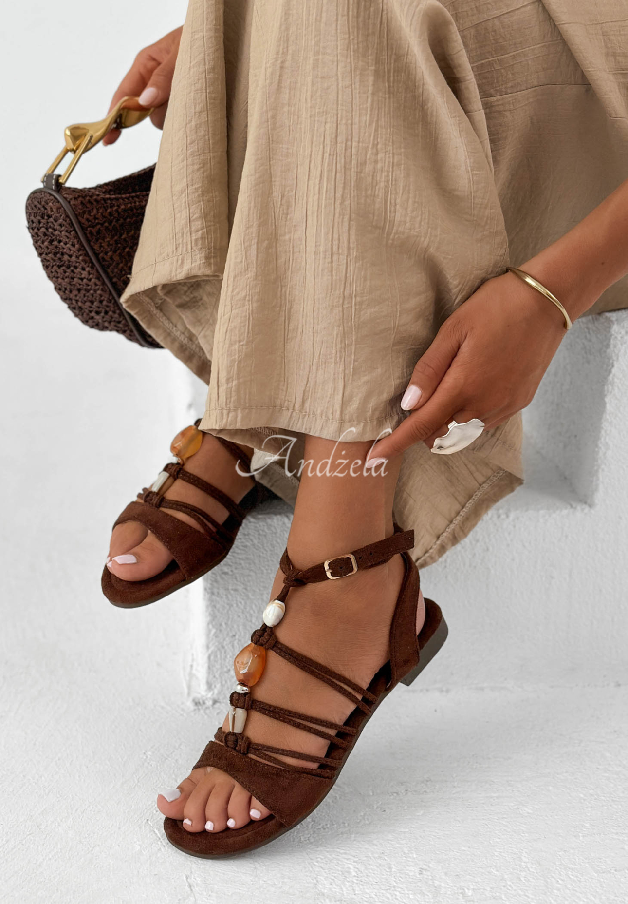 Adelia Chocolate Suede Sandals with Beads