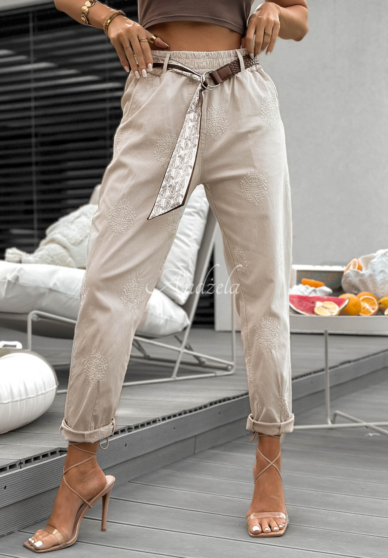 Your Way beige viscose mom-fit trousers with embroidery