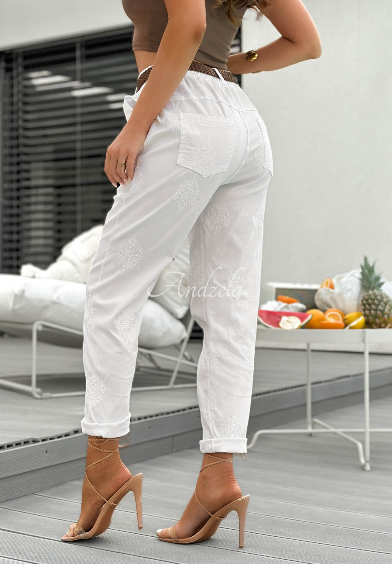 Your Way white viscose mom-fit trousers with embroidery