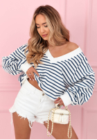 Sweter w paski z dekoltem Naomi biało-żółty