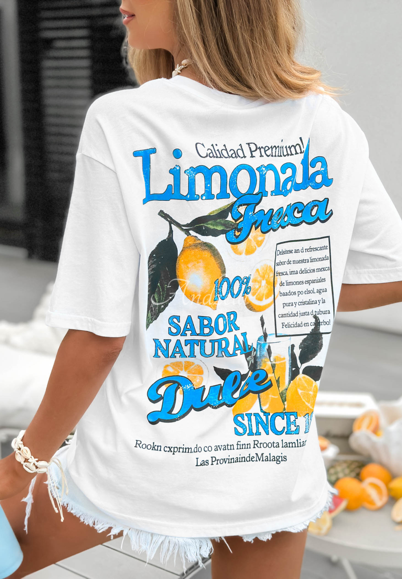 Bawełniany T-shirt z nadrukiem Limonada Fresca biało-niebieski