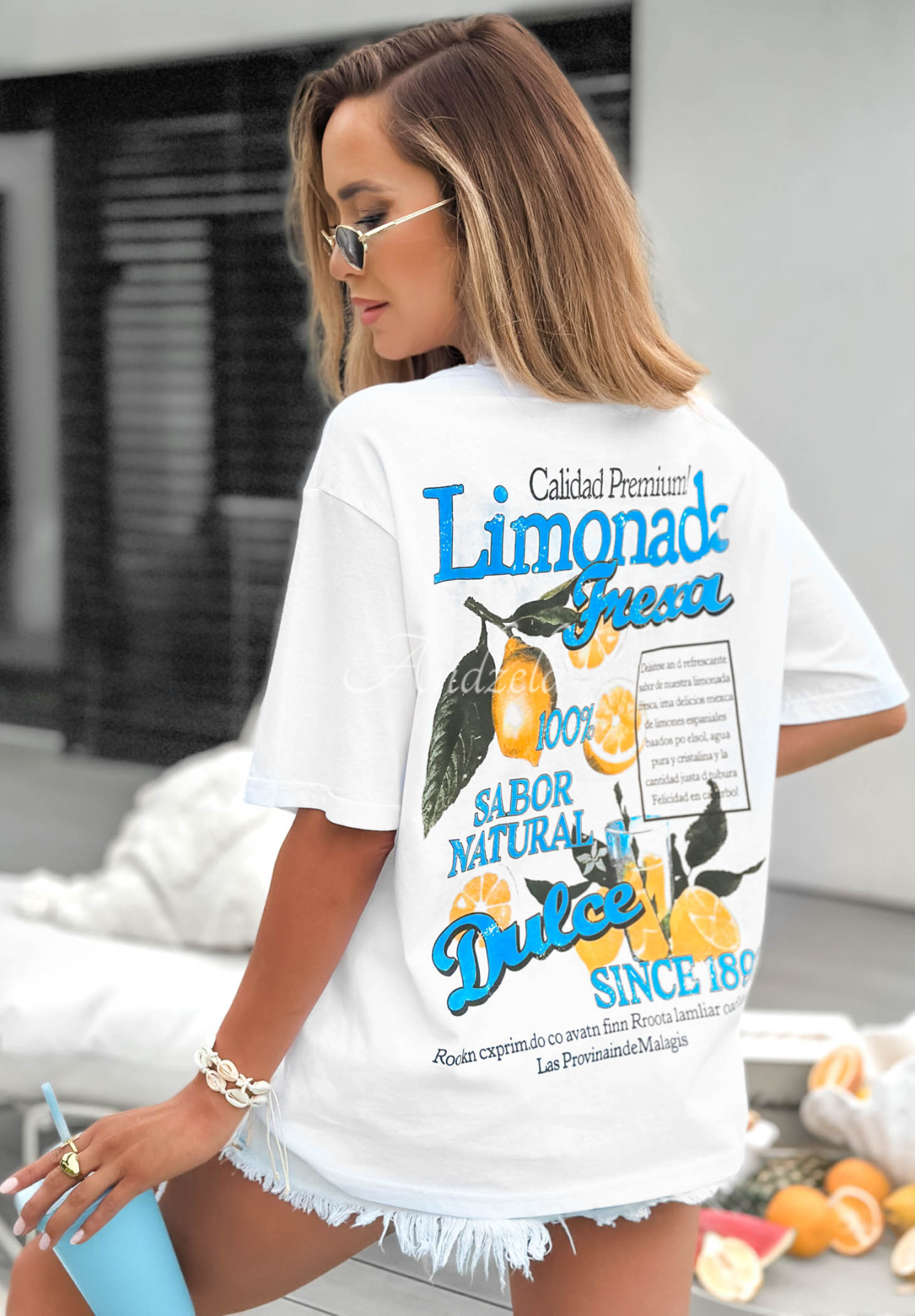 Bawełniany T-shirt z nadrukiem Limonada Fresca biało-niebieski