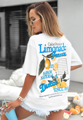Bawełniany T-shirt z nadrukiem Limonada Fresca biało-niebieski
