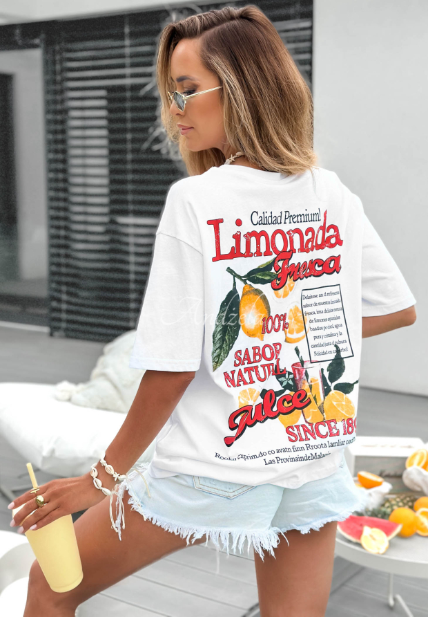 White and red cotton T-shirt with "Limonada Fresca" print