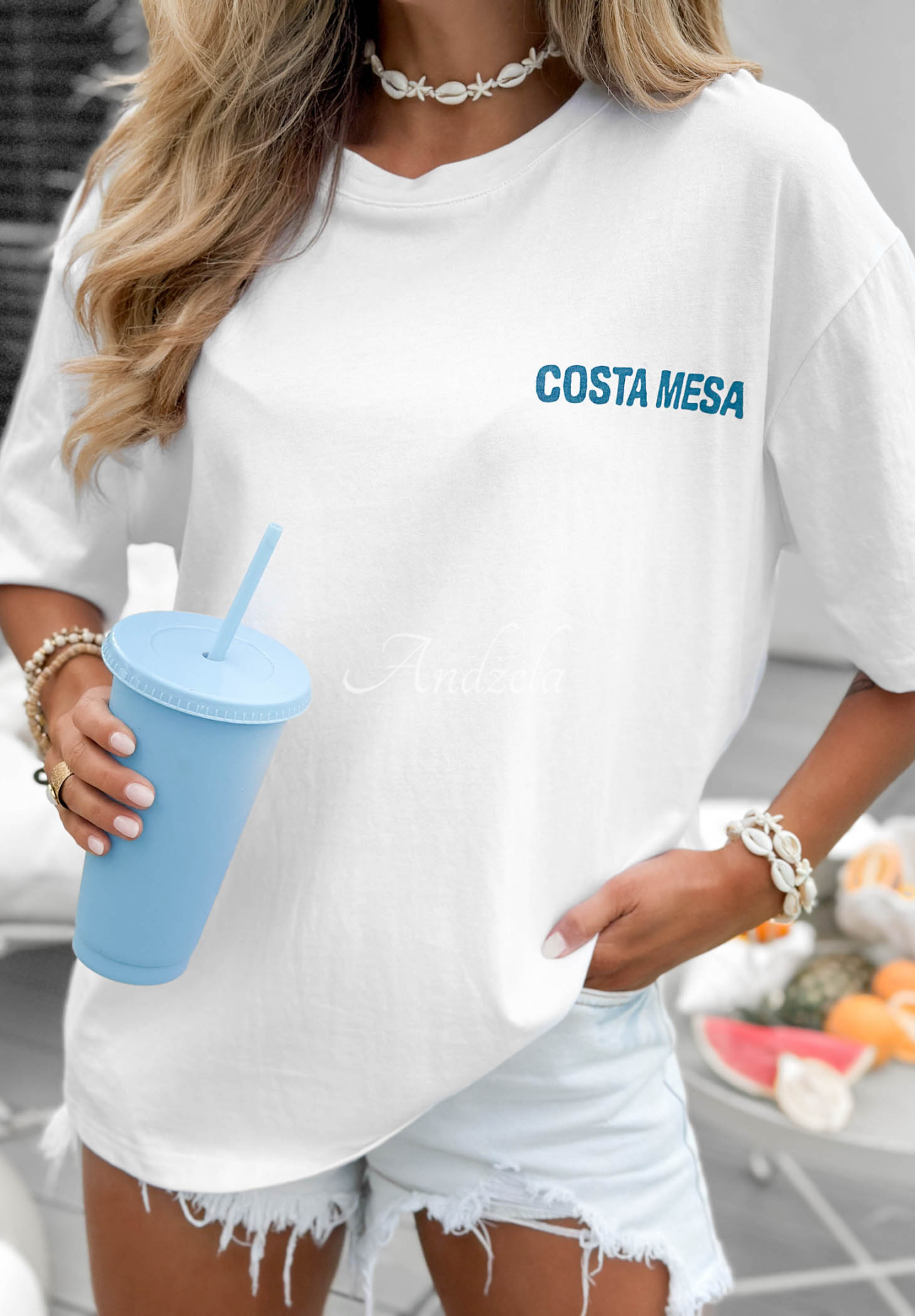 White cotton T-shirt with "Costa Mesa" print