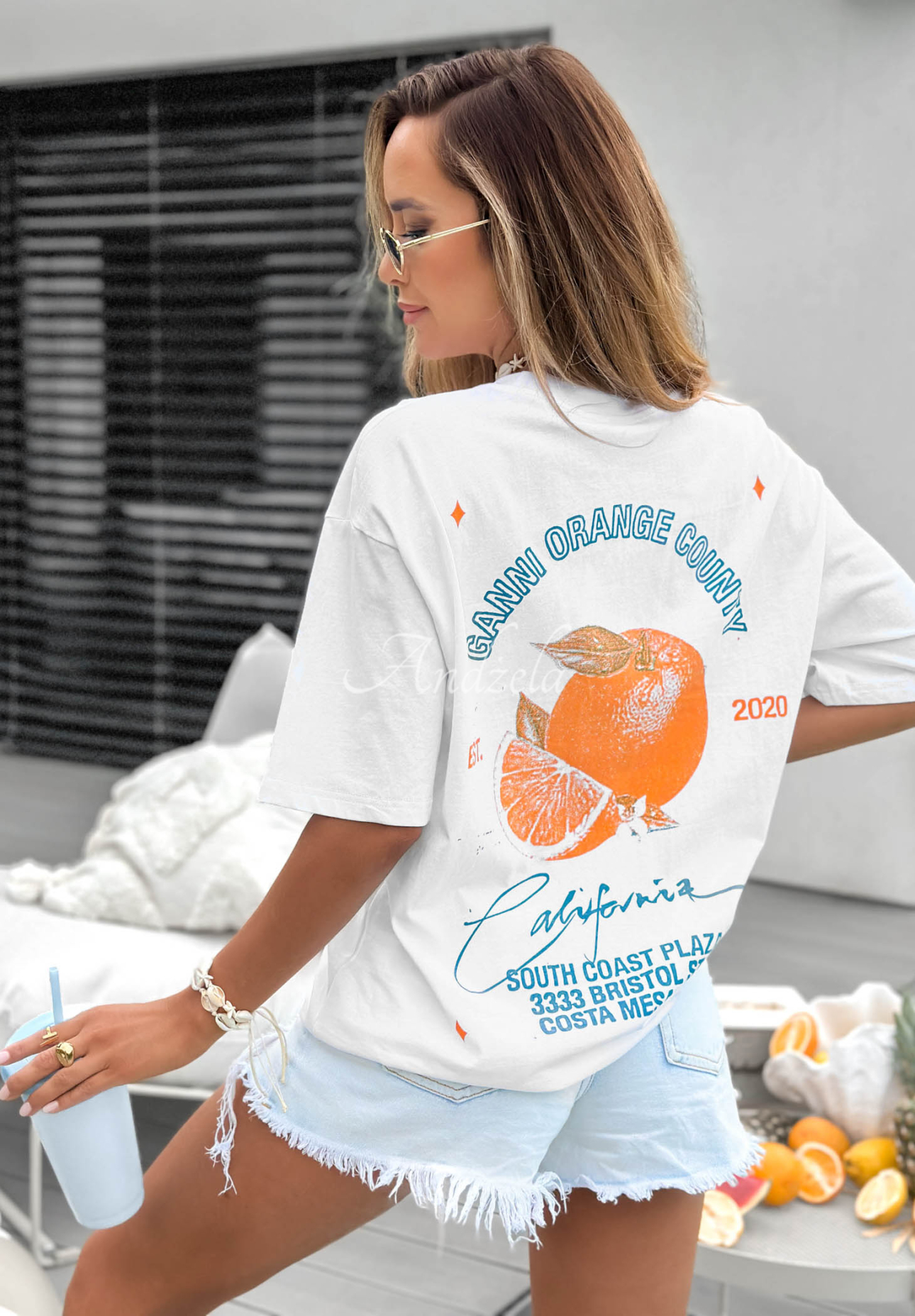 White cotton T-shirt with "Costa Mesa" print