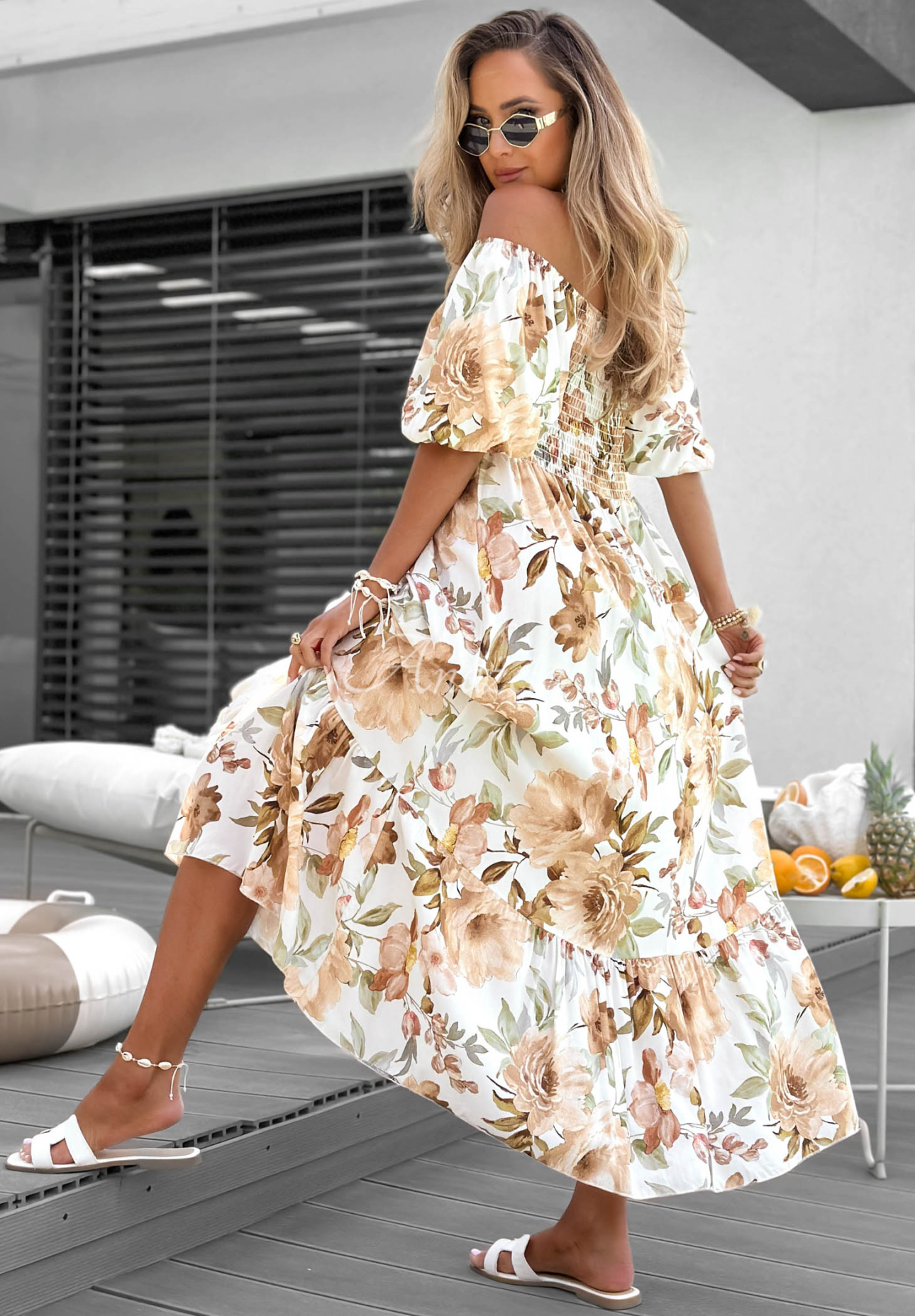 Fiore Sole Beige Viscose Floral Off-the-Shoulder Maxi Dress with Ruffles
