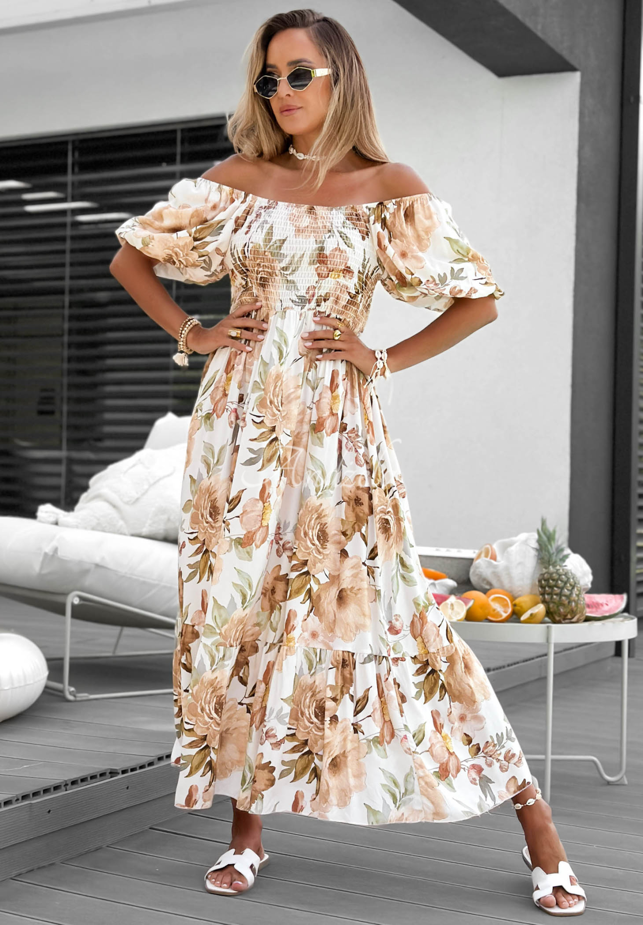 Fiore Sole Beige Viscose Floral Off-the-Shoulder Maxi Dress with Ruffles